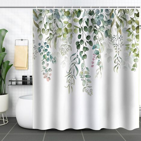 Shower Curtain with Green Leaves, Eucalyptus Shower Curtain, Bathroom, Mold-Resistant, Waterproof, Polyester Fabric, Washable, Opaque, with Hooks, for Bathtub, 180 x 180 cm (1/5)