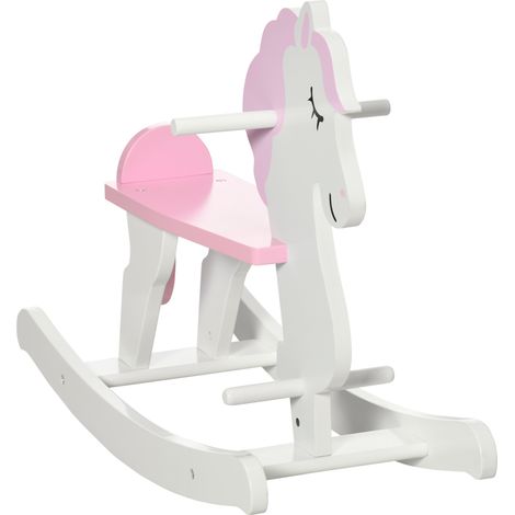 Cheval à bascule pour enfants de 1 à 3 ans en bois, guidon et pédales Charge 50 kg 68x27x46, 5 cm Blanc et rose