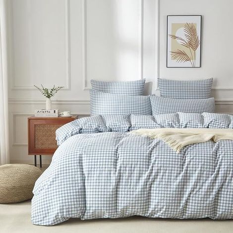 Housse de Couette 240x260 Coton Lavé,Carreaux,Bleu Blanc Parure de lit 2 Personnes Adulte Ado Sets de Housse Couette en 100% Coton avec Fermeture Éclair et 2 Taies d'oreiller 65x65 (1/5)