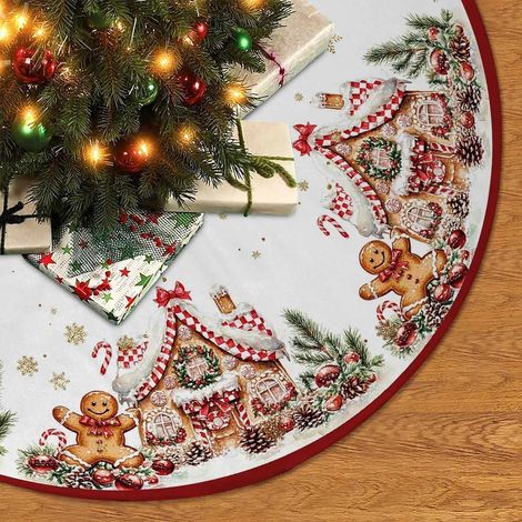 Tapis de sapin de Noël 91 cm, motif pain d'épice, bonbons et sucettes, rouge et or, idéal pour les fêtes de fin d'année. (1/5)