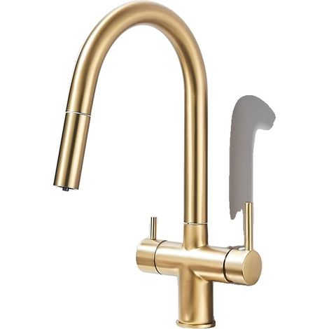 Robinet de cuisine à deux leviers et douchette extensible, en acier inoxydable finition or brossé (1/2)