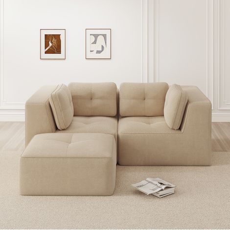 Divano angolare modulare 208x104x69 cm in velluto a coste beige salvaspazio – MEUBLIV (1/5)