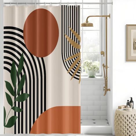 Rideau Douche Anti Moisissure, Rideau de Douche Terracotta 150x180cm Tissu Lavable Orange Boheme Rideaux de Baignoire Abstrait Imperméable Polyester Rideaux Salle de Bain avec 10 Crochets (1/5)
