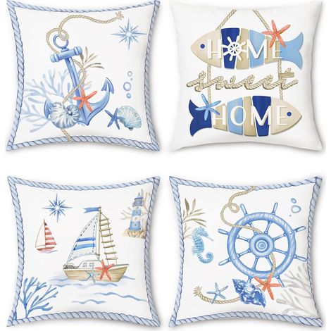 Housse de Coussin Nautique Côtier 45 x 45 cm Ancre Barre Bateau Étoile de Mer Corail Décoratif Taie d'oreiller pour Canapé Salon Chambre Maison Décoration 4 Pièces (1/5)