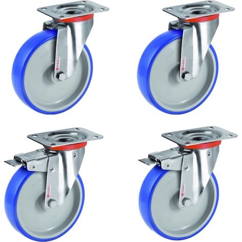 Lot 4 roulettes INOX pivotantes et pivotantes à frein polyuréthane BLEU-SOFT® 100 mm - 360 Kg