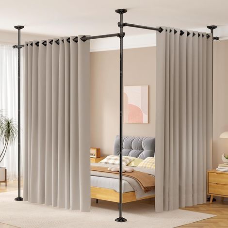 Séparateur de pièce sans perçage, 227-312 cm (H) et 71-290 cm (L), réglable et robuste, support de rideau de tension autoportant, noir