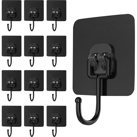 Paquete de 12 ganchos adhesivos negros, con una carga máxima de 20 kg, para montaje en pared, fabricados en acero inoxidable, ultrarresistentes, impermeables y que no dejan marcas, aptos para cocina, (1/5)