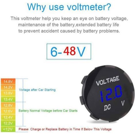 Voltmètre Moto, Voiture Moto Led Affichage Numérique Voltmètre Dc Voltmètre 12V-24V pour Bateau Moto Camion Marine (Bleu) (1/4)