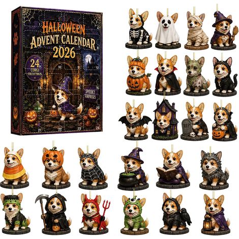 Halloween-Corgi-Adventskalender 2026 – 24 flache 2D-Acryl-Dekorationsteile mit Hundemotiven – Halloween-Countdown-Kalender – originelles Partygeschenk für Hundeliebhaber (1/5)