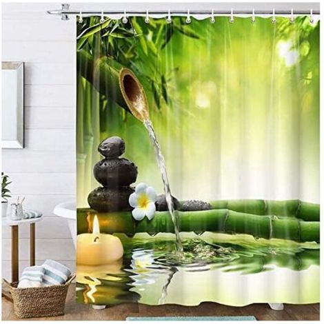 Tenda da doccia in poliestere antimuffa e impermeabile, 180 x 180 cm – motivo 3D con pietre zen e orchidee di bambù, lavabile in lavatrice.