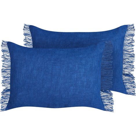 Lot de 2 Coussins d'Extérieur en Coton Rectangulaire 35 x 50 cm avec Franges Bleu Marine Maba