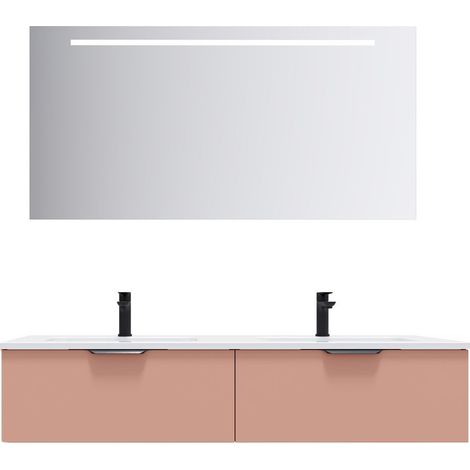 Meuble de salle de bain suspendu double vasque intégrée 140cm 2 tiroirs Abricot + miroir - Soho (1/5)