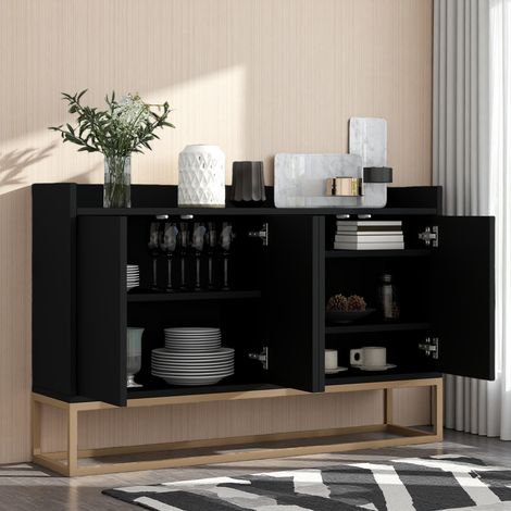 Buffet moderne à 4 portes 120×30×80cm, meuble de rangement de cuisine, étagères réglables, meuble de rangement multifonctionnel, pieds en métal, pour cuisine, salon et salle à manger, MDF, Noir
