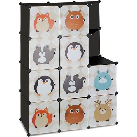 Armadio modulare a 10 scomparti portaoggetti per bambini motivi animali 85 x 40 x 180 cm in plastica nera 130004057