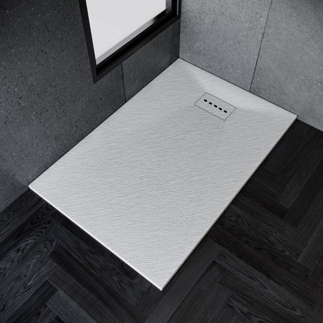 ELEGANT Anti-Slip Shower Tray for Enclosure Wet Room Slimline White Rectangular Stone Tray 1200 x 700 x 30 mm + Free Waste Trap + Slate Drain Cover