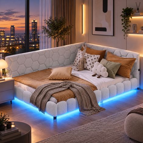 JOOKGBD–Divano Letto 140x200 cm,Letto Matrimoniale Imbottito,Letto per Adolescenti,LED 16 Colori,USB e Type-C,Rete a Doghe,Velluto,Bianco