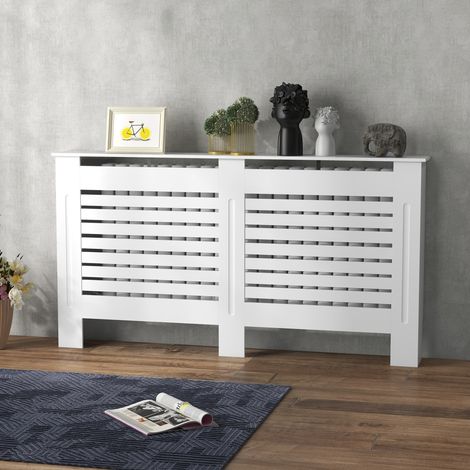 Radiateur à lattes blanc avec étagère de rangement, en bois, 152x19x81 cm, modèle à panneaux pour chauffage (1/5)