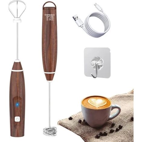 Mousseur À Lait - Réglable 3 Niveaux - Moteur Sans Balais - Rechargeable USB - Poignée Ergonomique En Bois - 1 Pièce