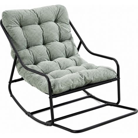 Fauteuil à bascule d'extérieur, structure noire, coussin vert clair épais et moelleux, pour salon, chambre ou lecture (1/5)