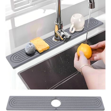 Tapis de Robinet Silicone, Protection Anti-Éclaboussures pour Robinet d'Évier, Tapis d'Évier pour Comptoir de Cuisine et de Salle de Bain (Gris, 30 cm) (1/5)