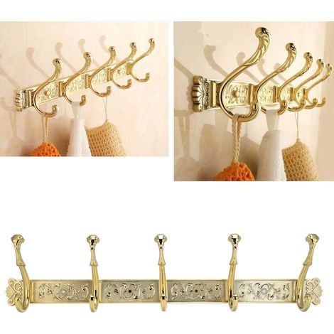 Porte-manteau de salle de bain de style européen antique en alliage de zinc avec 5 crochets à deux branches, robuste et décoratif, pour suspendre manteaux, vestes, chapeaux, sacs à serviettes et croch (1/5)