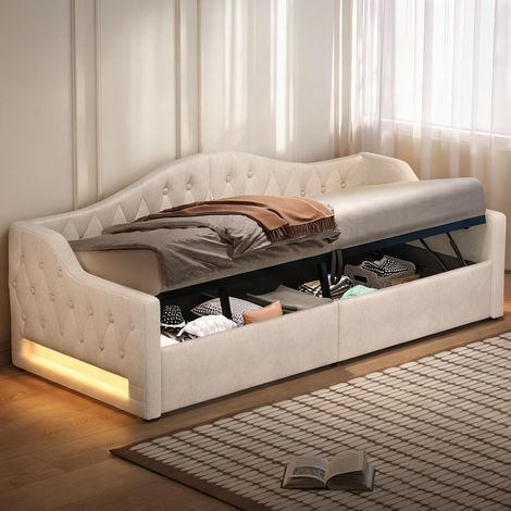 Cadre de lit beige en mDF Plywood Upholstered 213,5 x 98 x 69 cm (1/5)