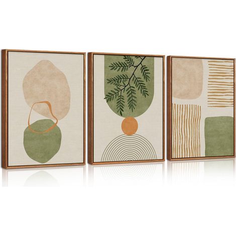 3er Set Boho Wandkunst Salbeigrün Gerahmte Leinwand 30x40cm Abstrakt Botanisch