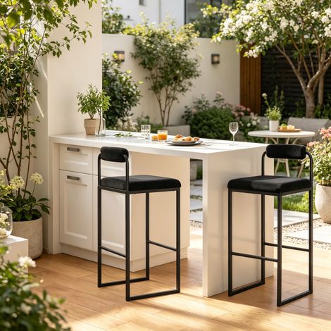 Lot de 2 tabourets de bar avec dossier en velours noir et acier (1/5)