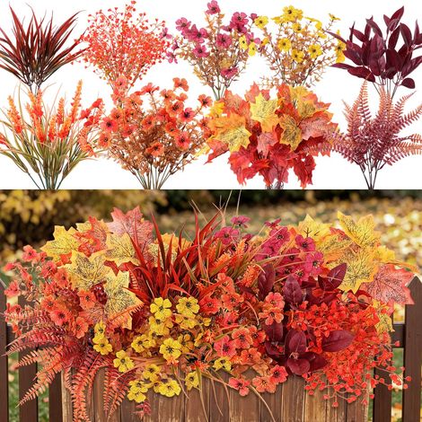 Lot 12 fleurs automne artificielles résistantes UV Ne se décolorent pas Fleurs automne artificielles jardin porche fenêtre (1/5)