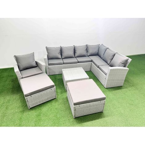 Fimous Rattan Garden Outdoor Furniture Set 9 Seater Rattan Garden Sofa Set with Armchair 2 Big Footstools Light Grey Mixed (1/4)