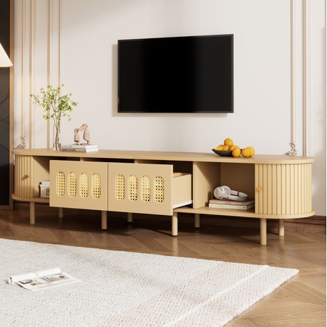 Mueble para TV de 180x40x40 cm para TV de 75 pulgadas, 2 puertas, 2 paneles correderos, almacenamiento, MDF madera clara con ratán (1/5)