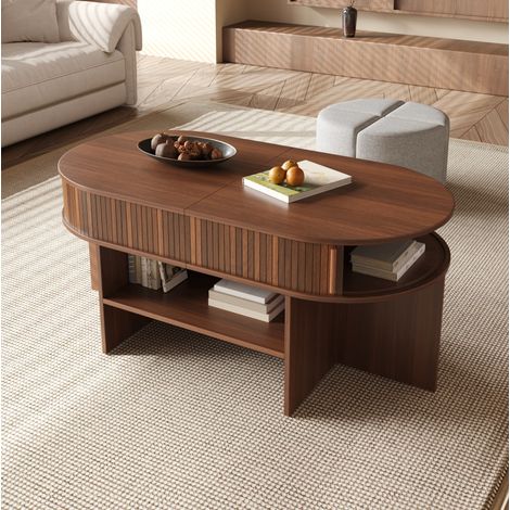 Table basse ovale 120x60x51,5 cm MDF et panneaux bois brun, avec rangement pour salon – MEUBLIV (1/5)