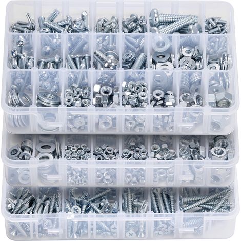 VEVOR Kit Boulons et Ecrous, 2250 PCS, Vis de Machine et Rondelles Plates, Metriques et Imperiaux, Acier Allie, Tailles M3/M4/M5/M6/M8, pour Assemblage deEquipements et de Vehicules, Blanc Galvanise