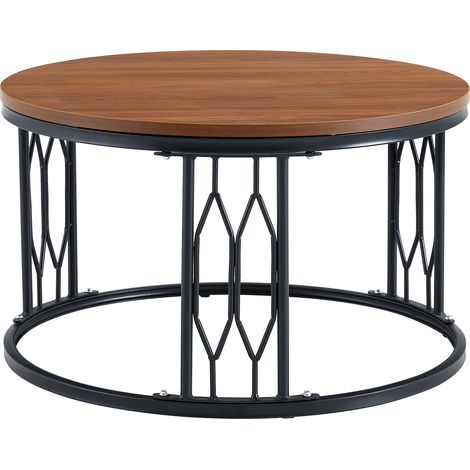Table basse ronde en MDF bois foncé et métal, table de salon moderne avec plateau effet bois, piètement géométrique stable, Ø 70 cm, H 40,5 cm CHICFURN (1/5)