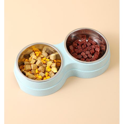 Gamelle pour chien mignonne fournitures pour animaux de compagnie bol d'alimentation rond antidérapant en acier inoxydable pas facile à renverser deux bols (Couleur : bleu) (1/4)