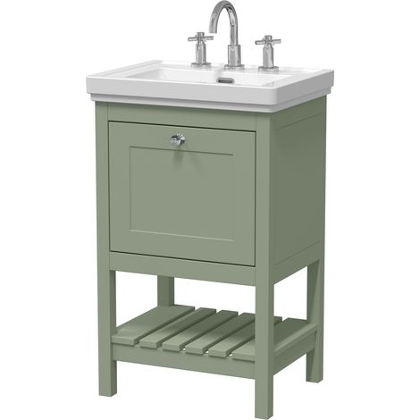 Balterley Coppenhall Traditional Bathroom 1 Soft Close Drawer Floor Standing Vanity Unit Basin, Fern Green, 531mm (1/4)