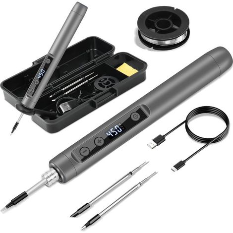 Kabelloses Lötkolben Set, USB Akku Lötkolben mit LCD, Temperatur Einstellbare 180 ℃-450 ℃, 3 Lötspitzen, Lötdraht, Lötset für Reparatur des Schweißens - Grau (1/5)