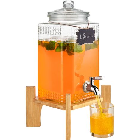 Mophorn Dispensador de bebidas, dispensadores de bebidas de 1,5 galones para fiestas, dispensador de jugo de vidrio con soporte, espiga de acero inoxidable, dispensador de agua de jugo de limonada (1/5)