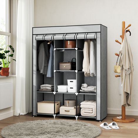 Armoire penderie spacieuse - 8 tablettes, 2 tringles - tissu non tissé gris clair (1/5)