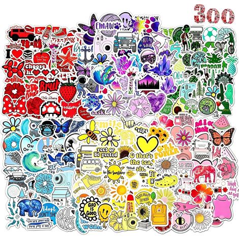 Autocollant 300 Pcs Colorés Stickers, Imperméable Vinyle Decoration Autocollant pour Scrapbooking Valise Ordinateur Portable Journaling Thermos Skateboard Cahier Frigo Guitare Tasse etc (1/5)