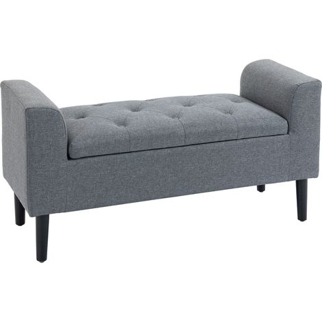 Banc de rangement, banquette rembourrée, charge maximale 130 kg, aspect lin, bois d'hévéa, 116 x 44 x 58 cm, gris clair