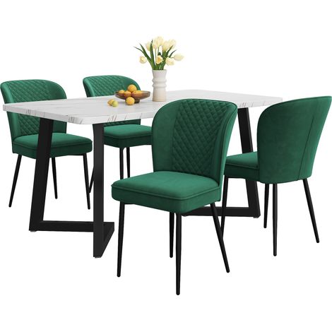 Ensemble table à manger 4 places 117×68×75 cm avec 4 chaises en velours vert, plateau MDF blanc et pieds métal noirs, style moderne - CHICFURN (1/5)