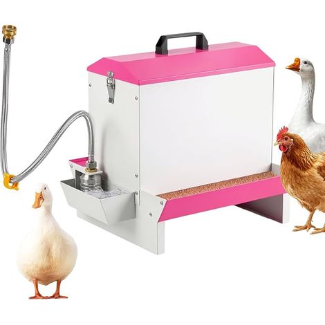 Distributeur automatique de nourriture et d'eau pour volailles - En métal - Avec abreuvoir - Double face - Pour poules, canards, oies, portables - Avec poignée et serrure (1/5)