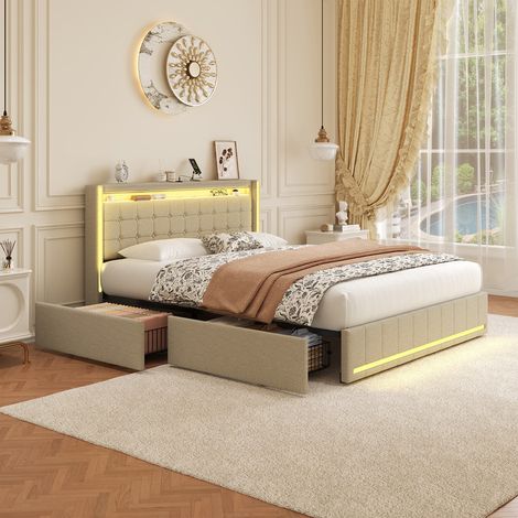 Lit double rembourré 140x200cm, lin, lit avec rangement et quatre tiroirs, avec éclairage LED RGB, de ports USB et Type-C, lit adulte, lit adolescent, matelas non inclus, beige (1/5)