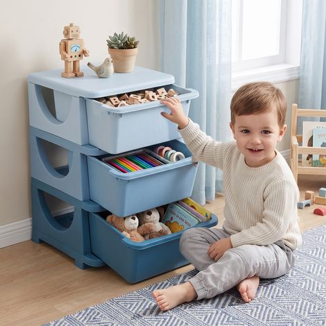 Organisateur de jouets pour enfants avec tiroirs à 3 niveaux, boîtes de rangement en plastique, 37 x 37 x 56,5 cm, bleu (1/5)