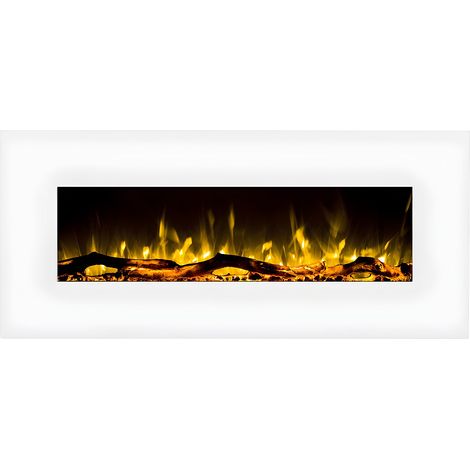 Vente-Unique – Cheminée électrique murale LALITA – 110 cm blanc – Acier et verre – 1400W – Télécommande – Surface de chauffe 20 m² (1/4)