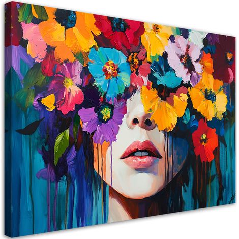 Quadro su tela, Donna con fiori colorati in testa - 60x40 (1/3)