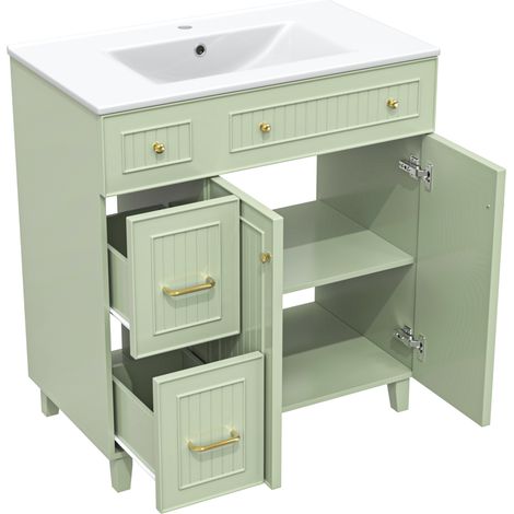 Mueble de baño de pie con lavabo cerámico 81,7 cm MDF lacado y patas de madera verde HOMVRA (1/5)