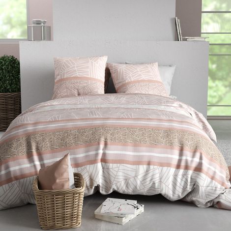 Parure housse de couette 260x240cm + 2 taies motif graphique rose 100% coton - TRISHIA (1/4)