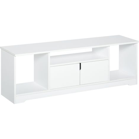Meuble TV blanc 120x30x41 cm avec placard double porte et 3 compartiments ouverts, pour écran 42 pouces, design sobre et fonctionnel pratique